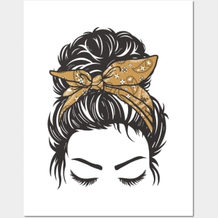 Messy Bun Girl Brown Paisley Bandana Posters and Art